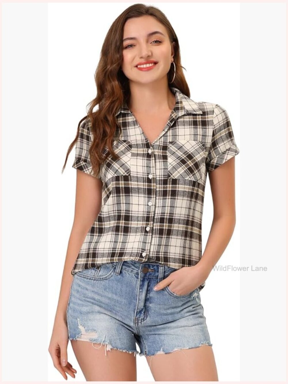 Cotton Plaid Button Down Shirt Short Sleeve Western Blouse